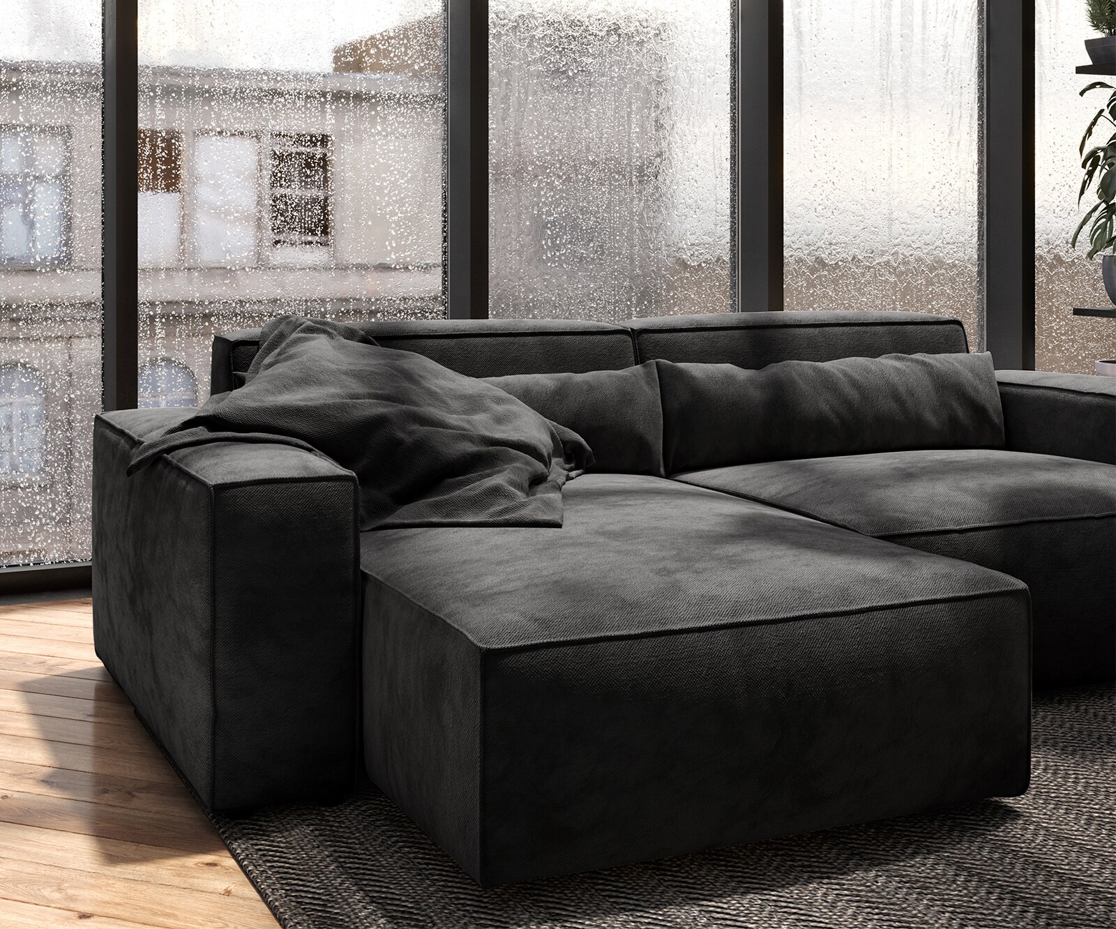 Ecksofa Sirpio 230x155 cm Mikrofaser Schwarz Recamiere variabel mit Hocker 4