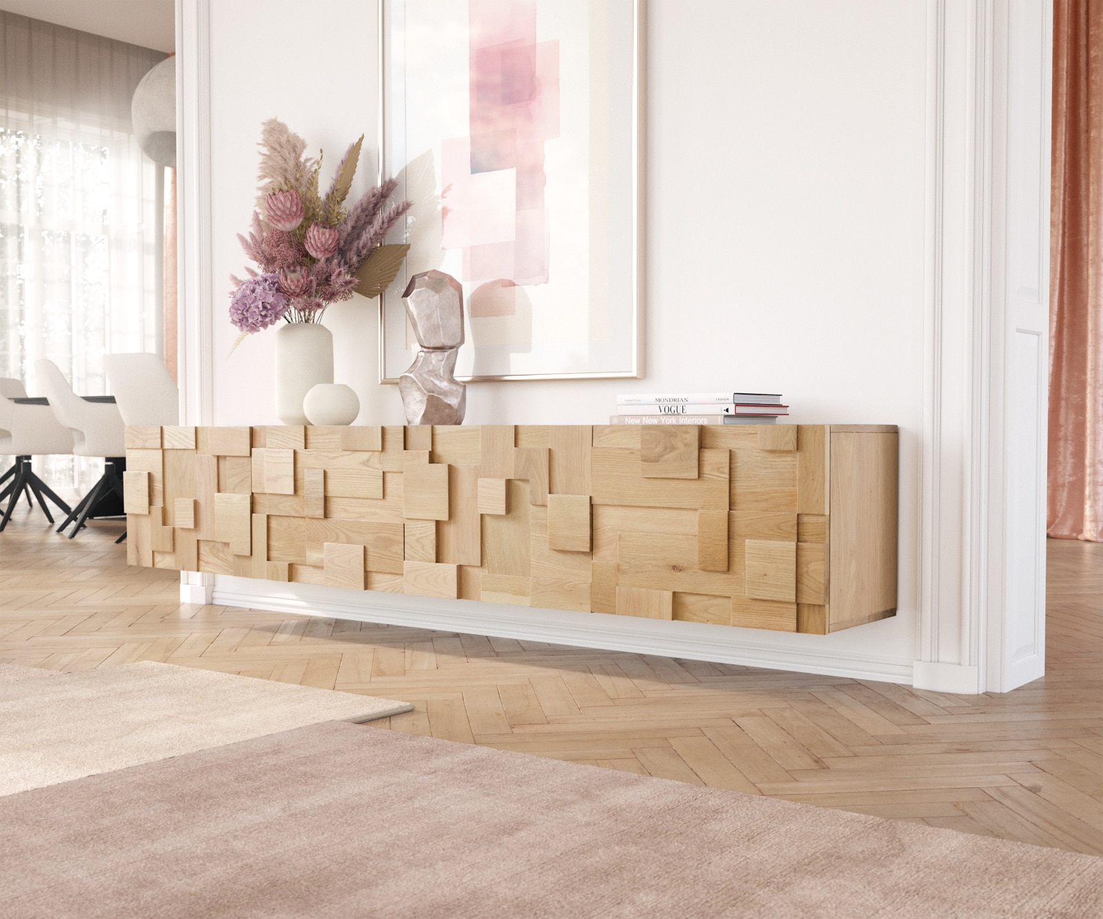 Lowboard Puzzle 220 cm Eiche Natur 4 Türen schwebend