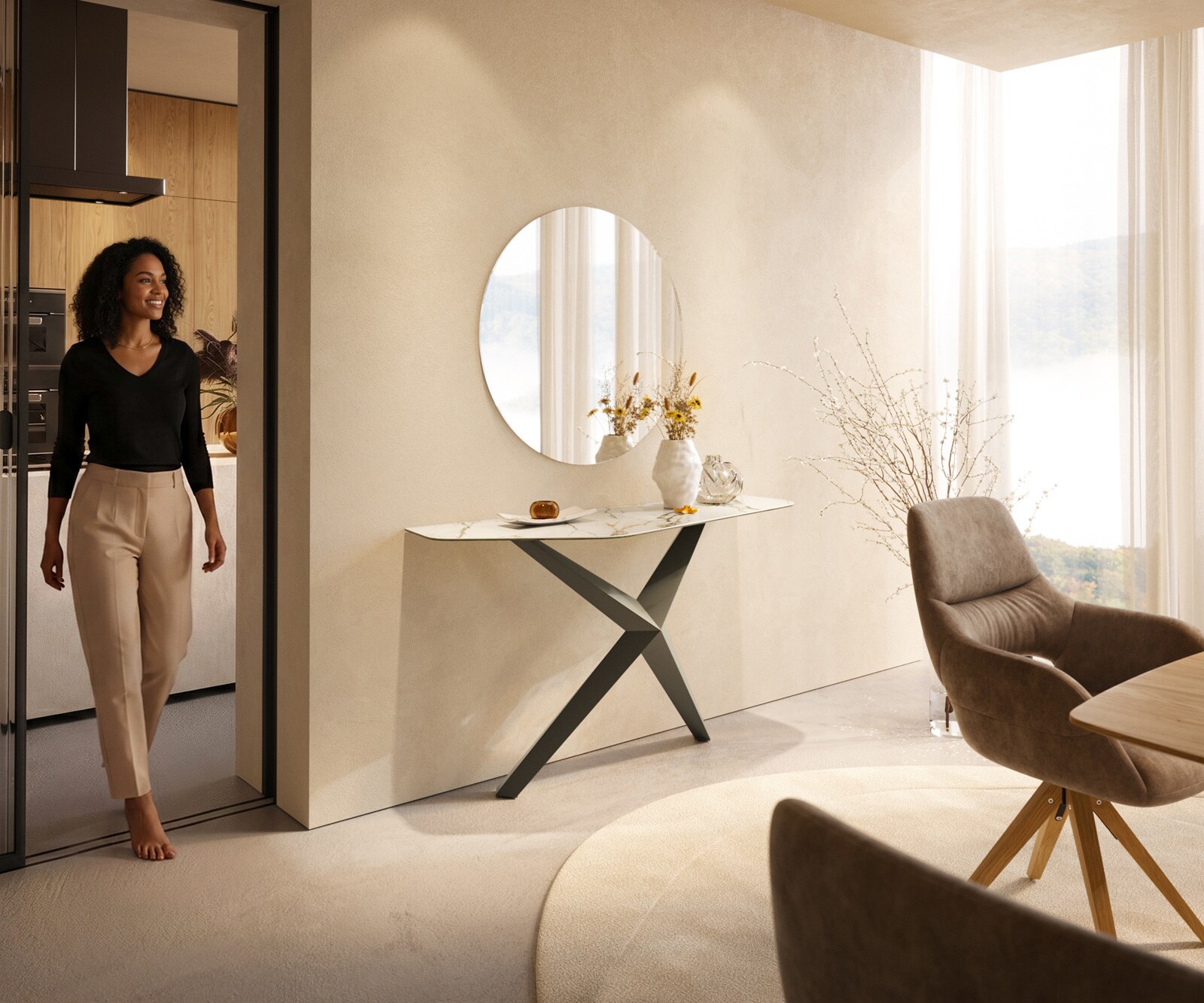 Konsolentisch Edge Polygonal 140x50 cm Keramik Calacatta Luxe Weiß-Gold-Grau Zentharo Metall Effektfinish Titan 7