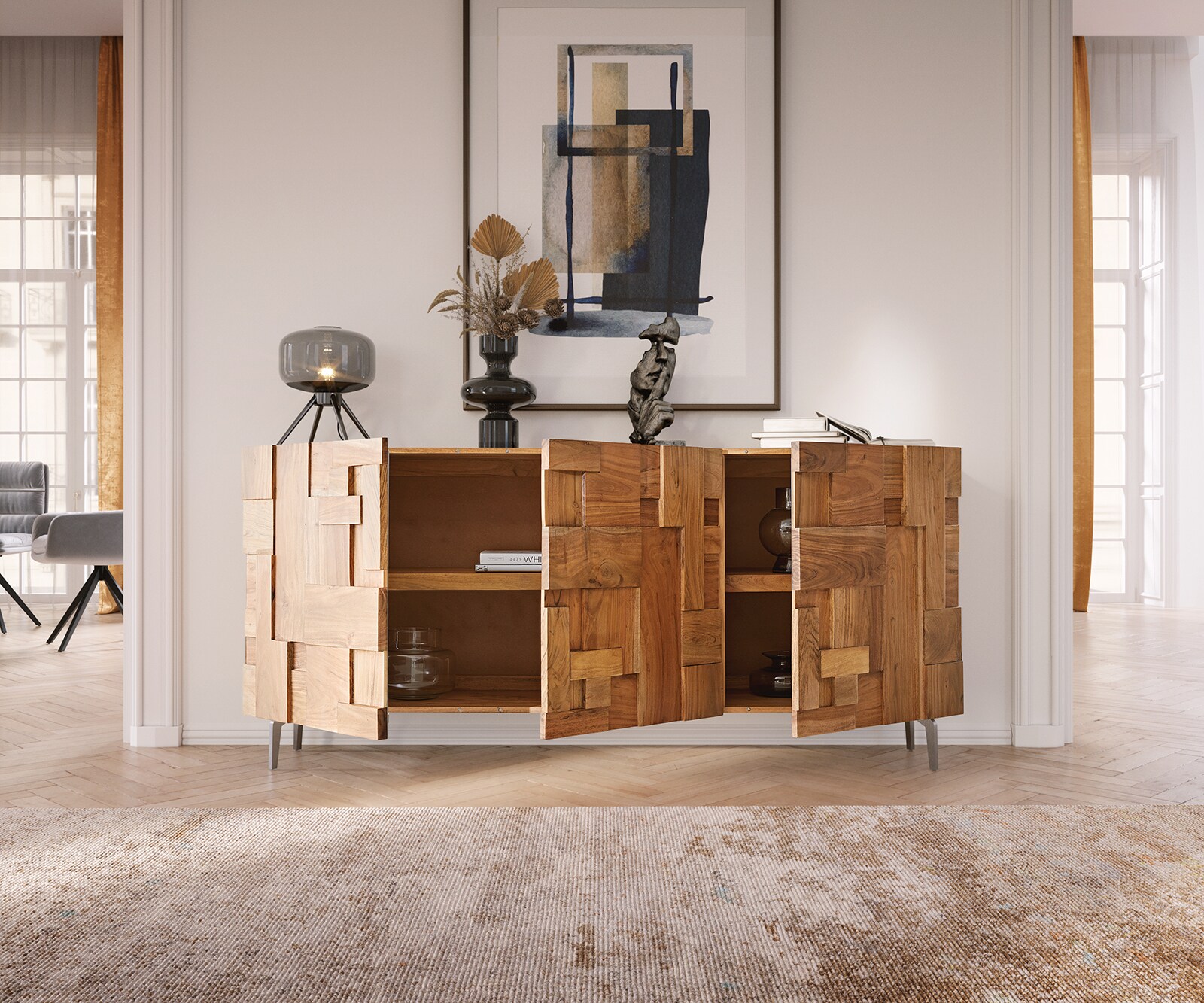 Sideboard Puzzle 175 cm Akazie Natur 3 Türen Winkelfuß Edelstahl 3