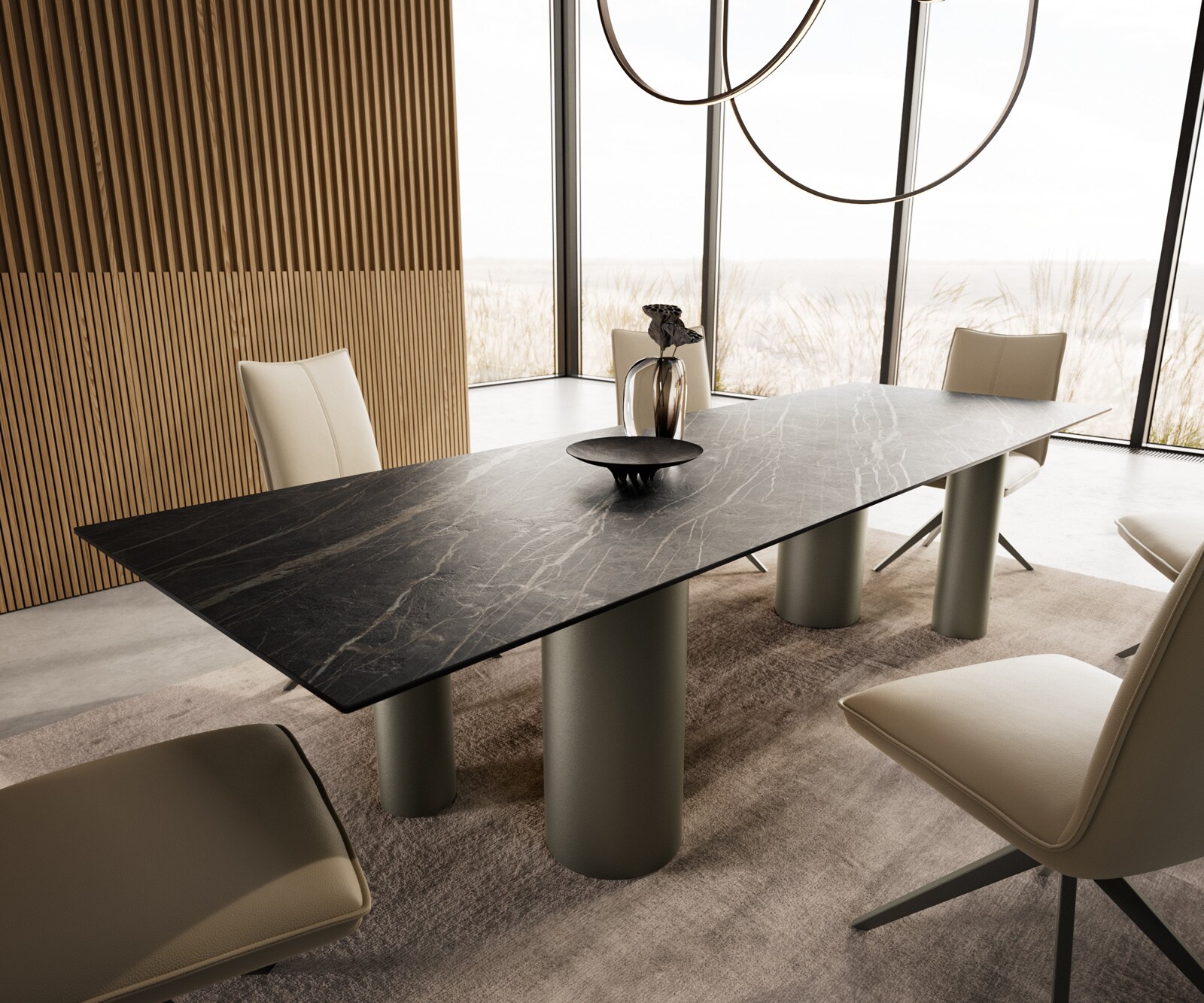 Esstisch Edge 300x100 Keramik Laminam®Noir Desir Braun Pilier Metall Effektfinish Titan 7