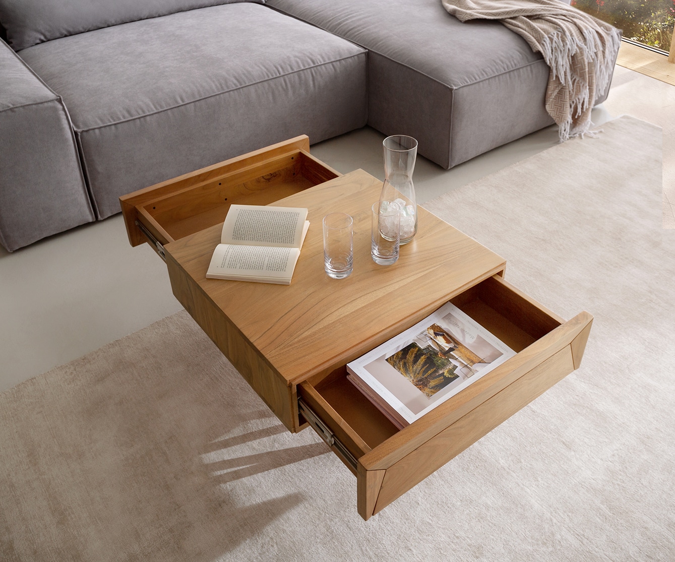 Couchtisch Kayu 60x60 cm Akazie Natur 2 Schübe V-Fuß Edelstahl 3 Couchtisch Kayu 60x60 cm Akazie Natur 2 Schübe V-Fuß Edelstahl 3