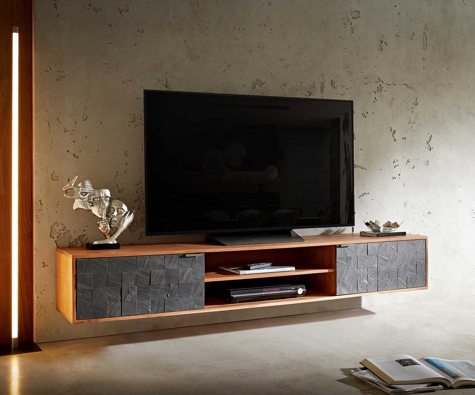 Lowboard Teele 200 cm Akazie Natur Schiefer 2 Türen schwebend 1