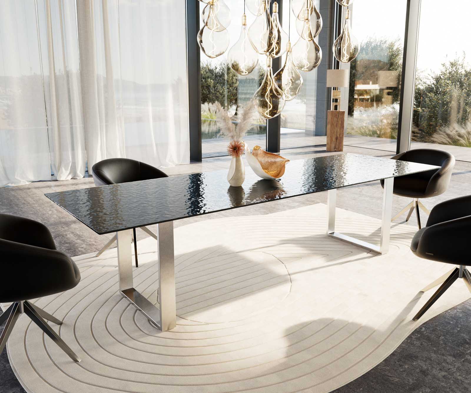 Esstisch Edge 300x100 Reliefglas Rauchschwarz 3D-Design Edelstahl Schmal