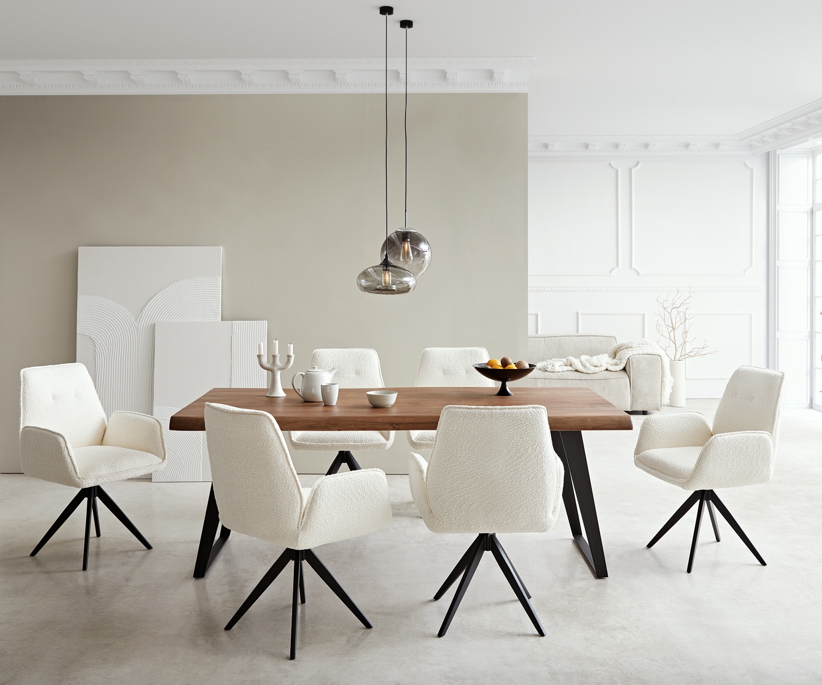 Esszimmerstuhl Zoa-Flex Bouclé Weiß Kreuzgestell kantig Schwarz Taschenfederkern 3 Esszimmerstuhl Zoa-Flex Bouclé Weiß Kreuzgestell kantig Schwarz Taschenfederkern 3