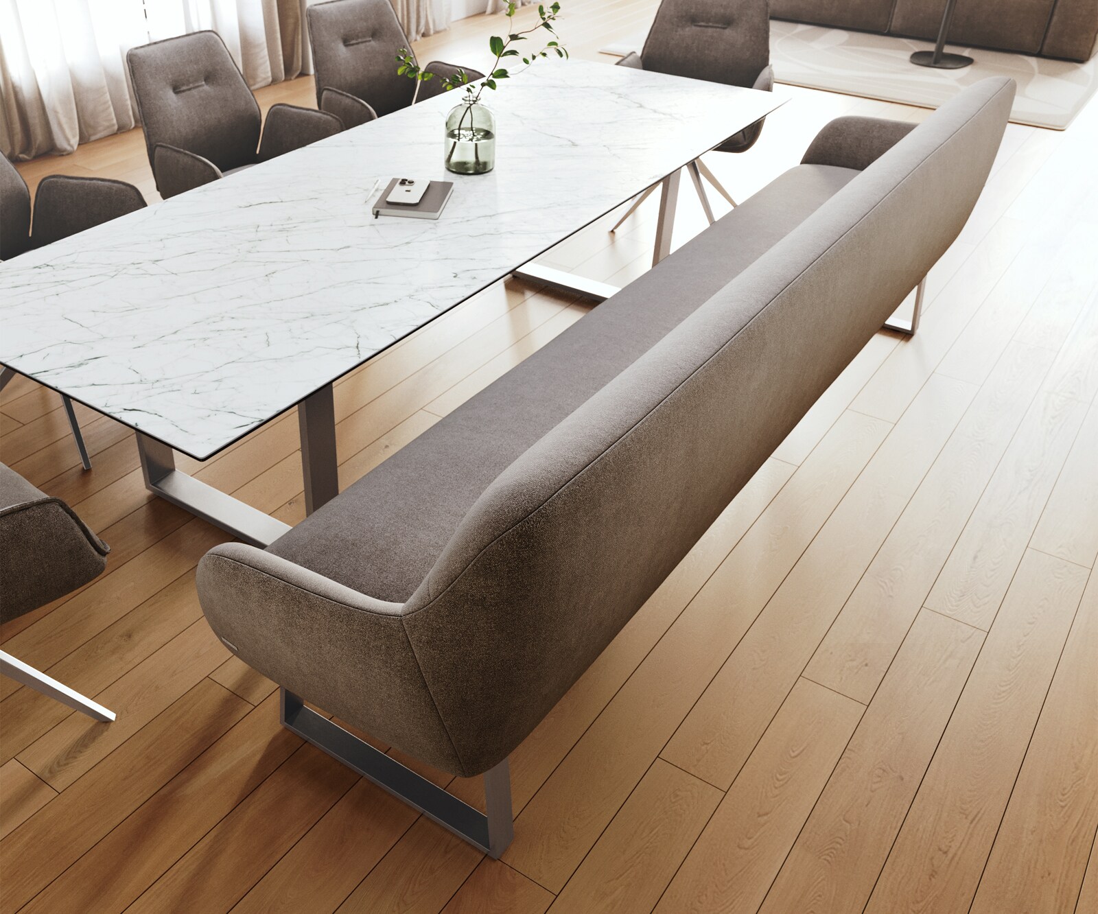 Esszimmerbank Taya-Flex 300 cm Strukturstoff Soft Taupe Kufengestell kantig Edelstahl Taschenfederkern 4