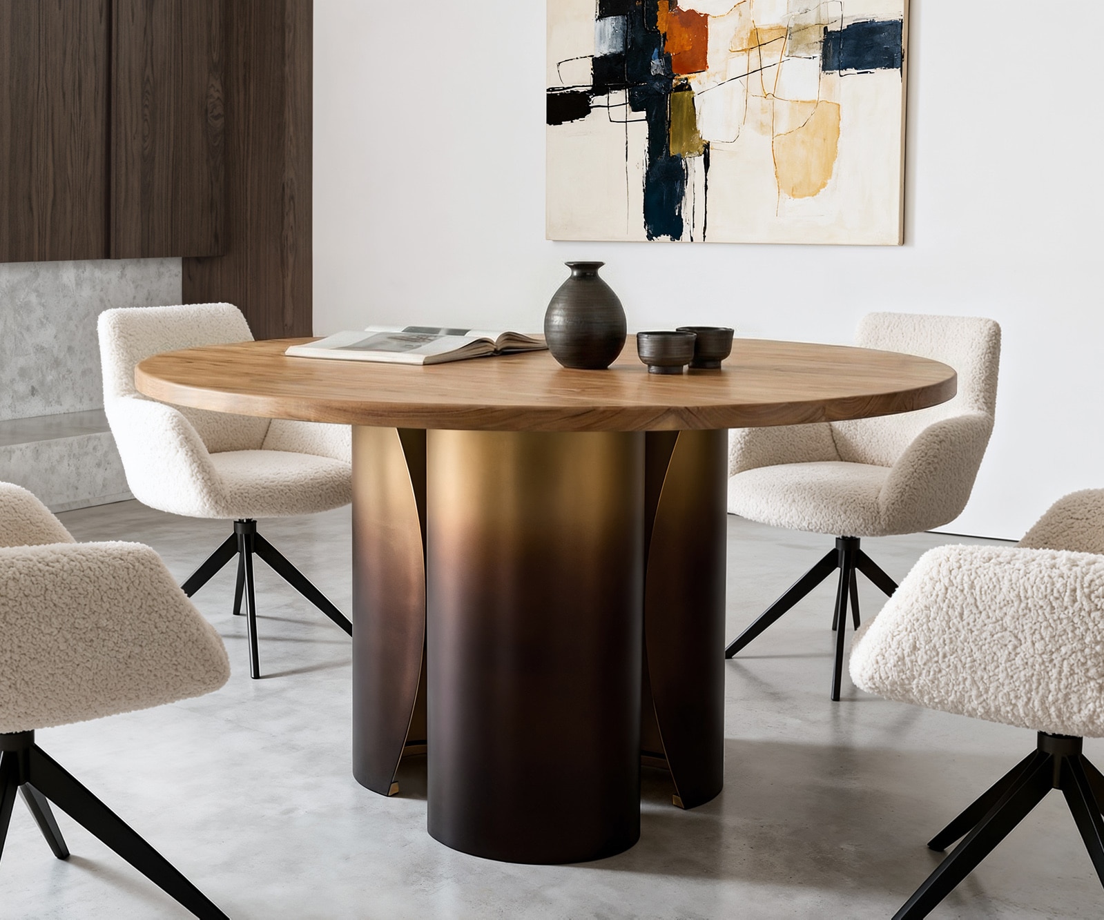 Esstisch Adenza Rund 140x140 cm Akazie Natur Metall Gold Ombre