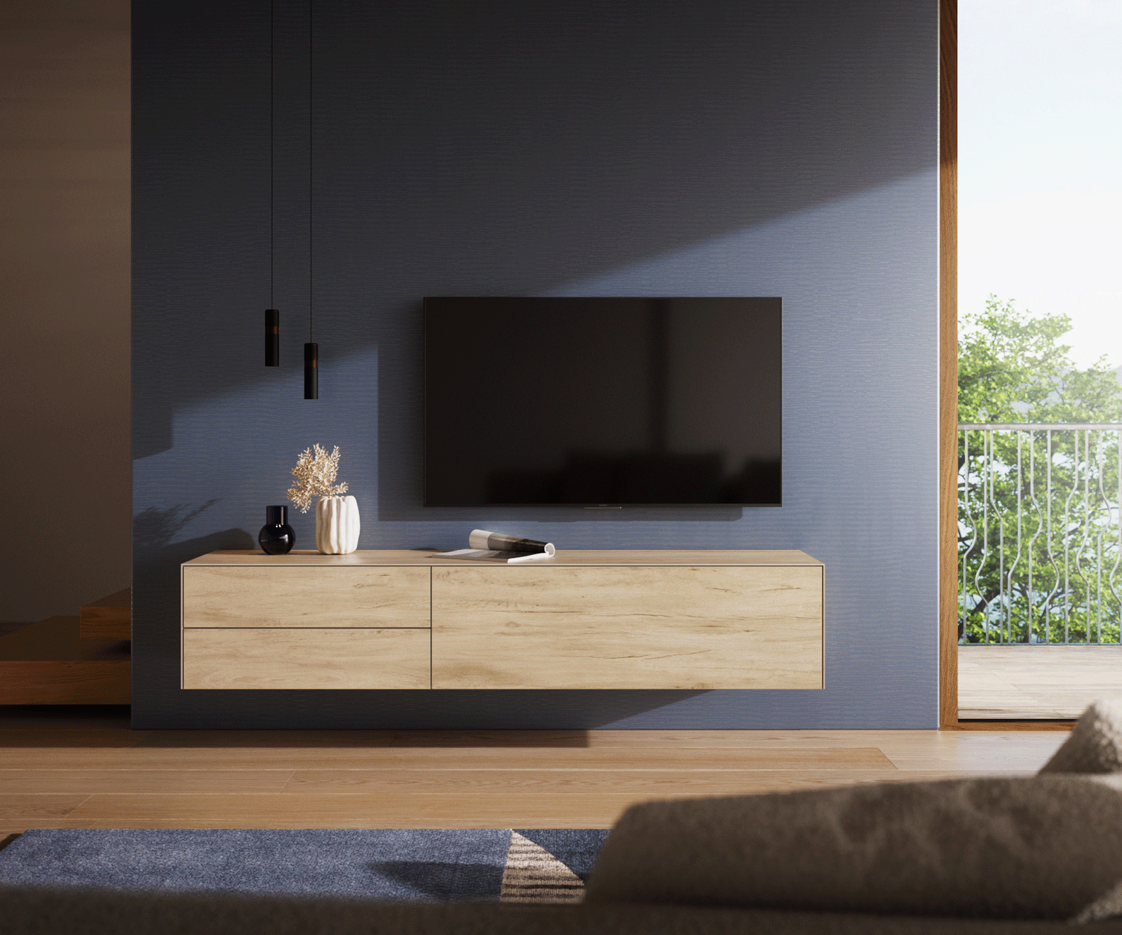 Lowboard Cuor 180 cm Keramik Laminam® Sabbia Eichefarbig 1 Klappe 2 Schubfächer Schwebend 2