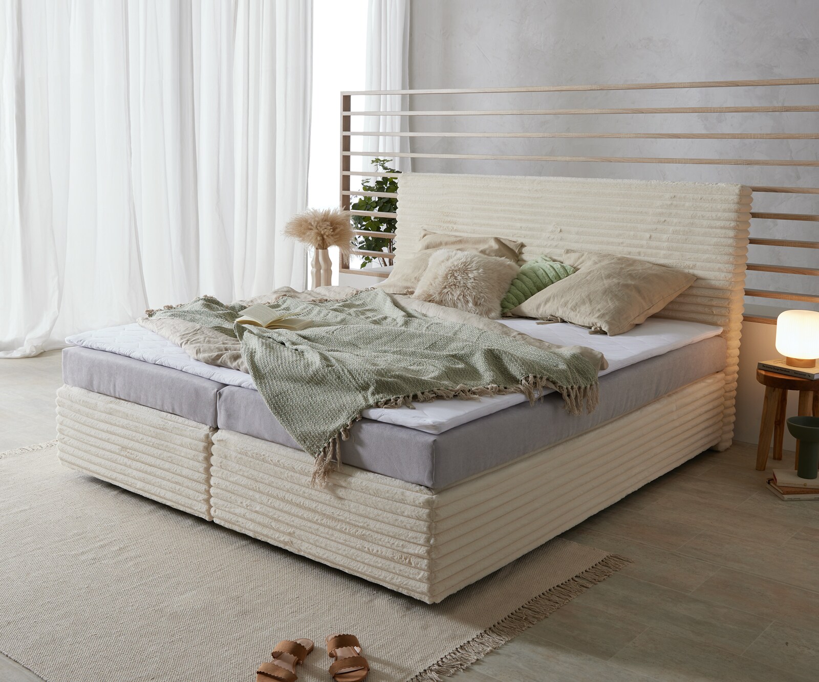 Boxspringbett Dream-Well Plüsch-Cord Beige 180x200 cm Bonell-Matratze PU-Topper