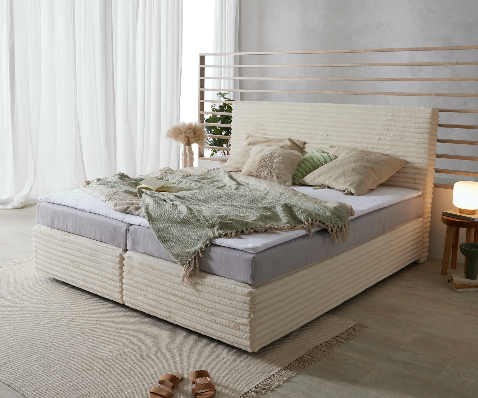 Boxspringbett Dream-Well Plüsch-Cord Beige 180x200 cm Bonell-Matratze PU-Topper