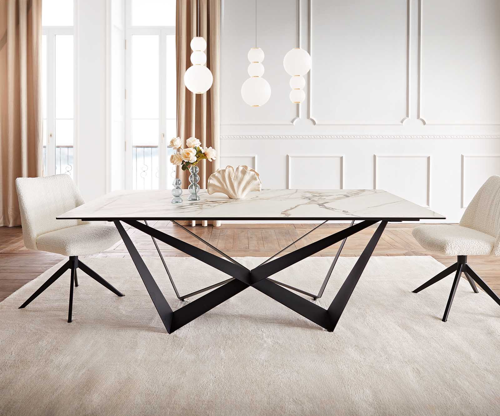 Esstisch Edge 200x100 Keramik Calacatta Luxe Weiß-Gold-Grau Spider Flachstahl Schwarz 1