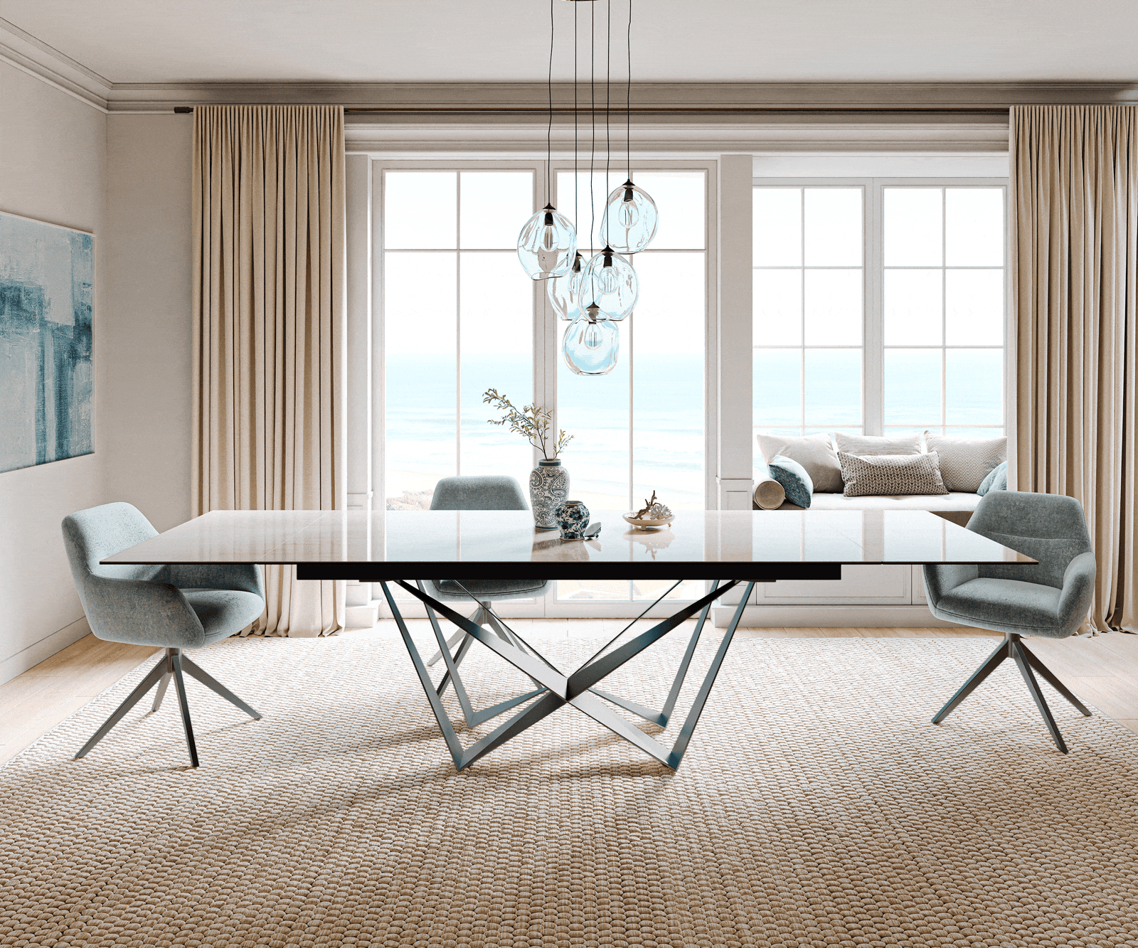 Esstisch Edge 200-300x100 cm Keramik Onyx Champagne Spider Flachstahl Edelstahl Graphit ausziehbar 2