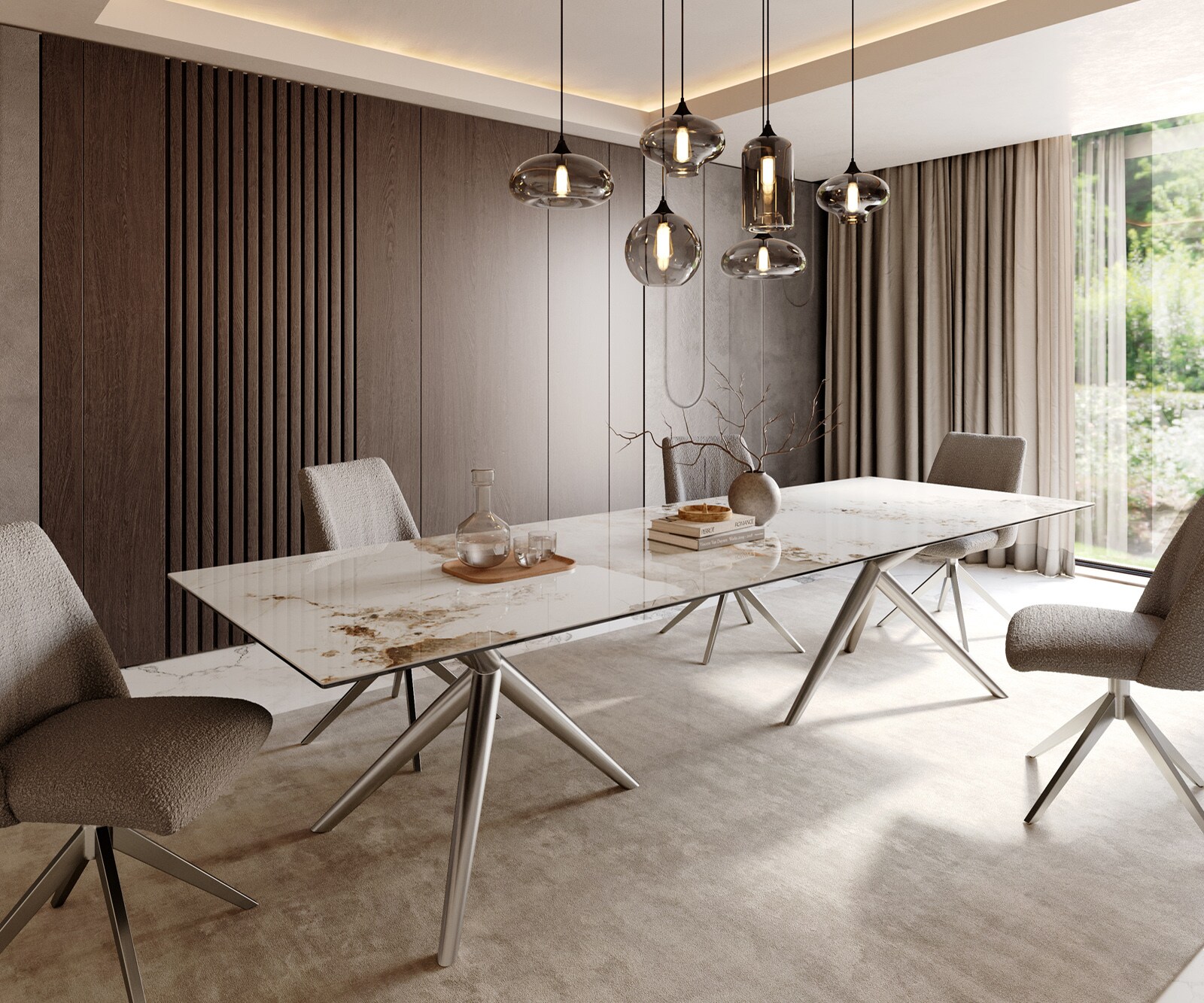 Esstisch Edge 300x100 Keramik Minas Melange Weiß-Beige Estelar rund Edelstahl 2