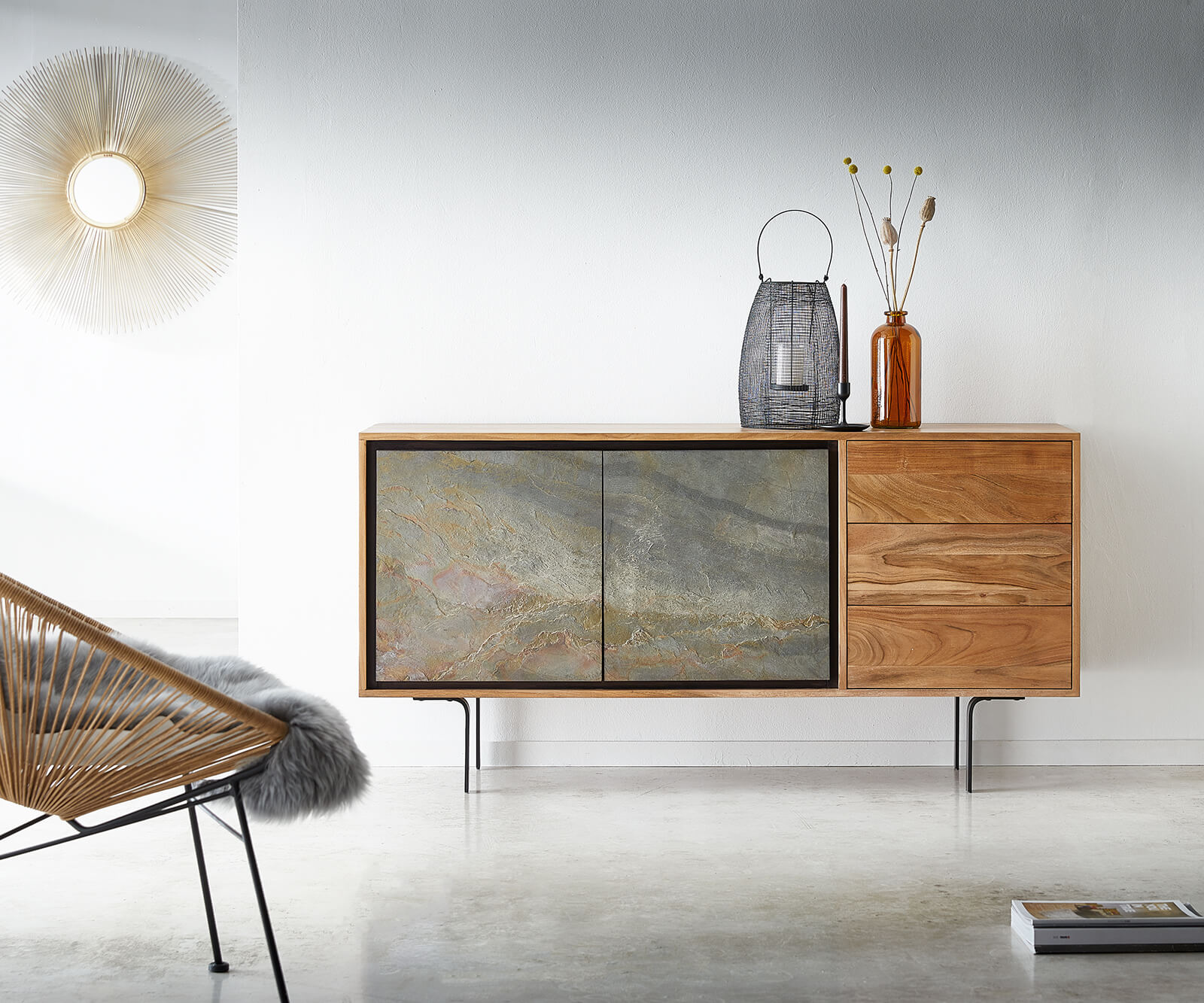 Sideboard Juwelo 150 cm Akazie Natur mit Steinfurnier 