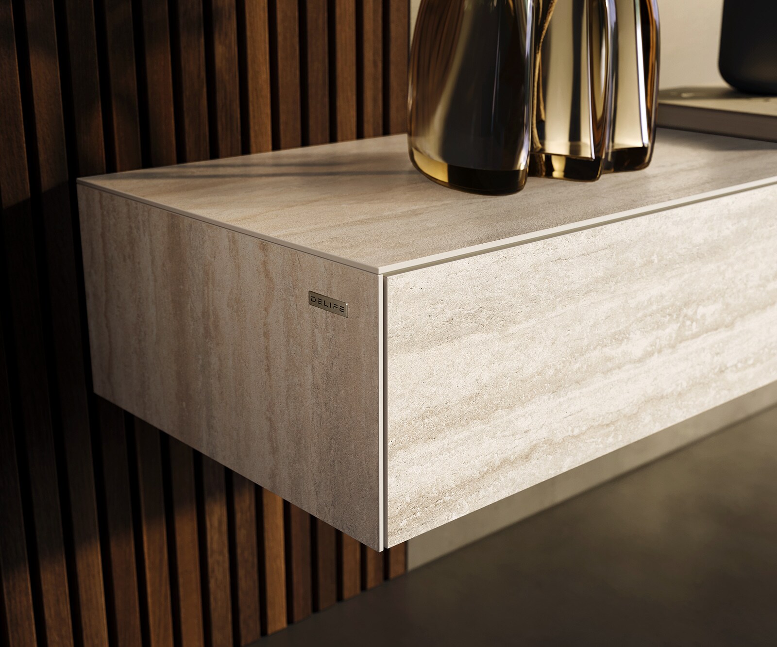 Lowboard Cuor 200 cm Keramik Laminam® Travertino Bianco Creme-Weiß 1 Klappe 1 Schubfach Schwebend 5