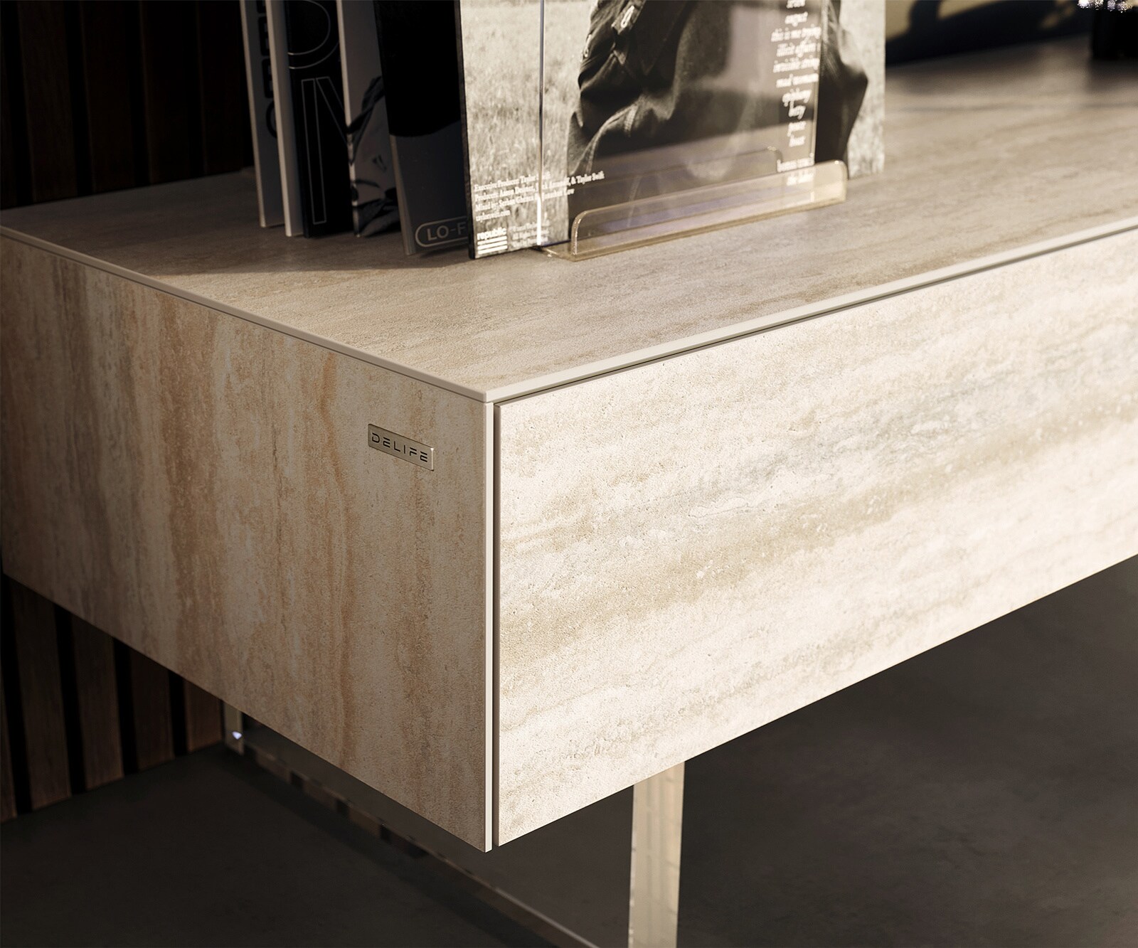 Lowboard Cuor 150 cm Keramik Laminam® Travertino Bianco Creme-Weiß 1 Klappe 1 Schubfach Fuß Schwebeoptik Acrylglas 5