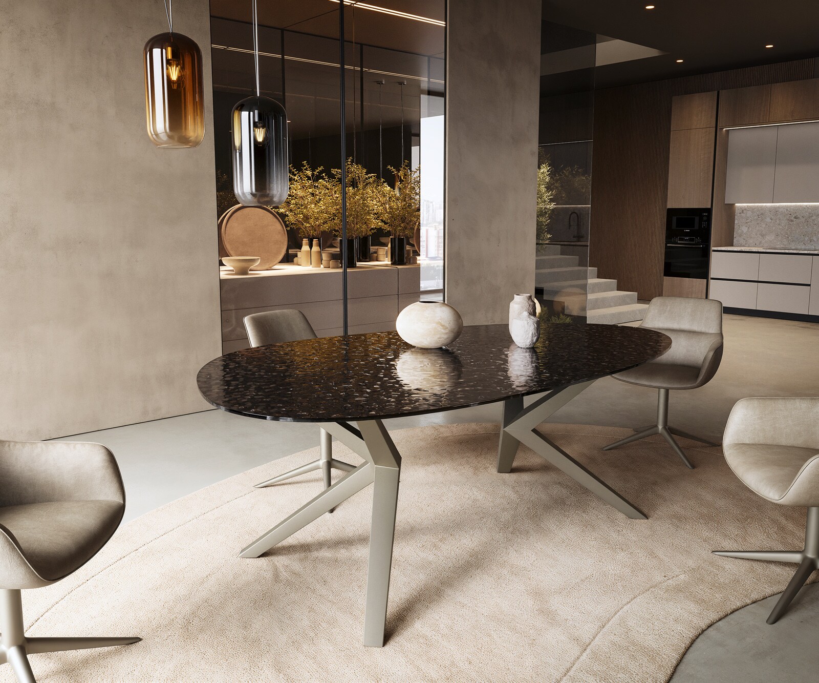 DELIFE Esstisch Edge Oval 220x120 Reliefglas Rauchschwarz 3D-Design Zenthara kantig Metall Effektfinish Titan