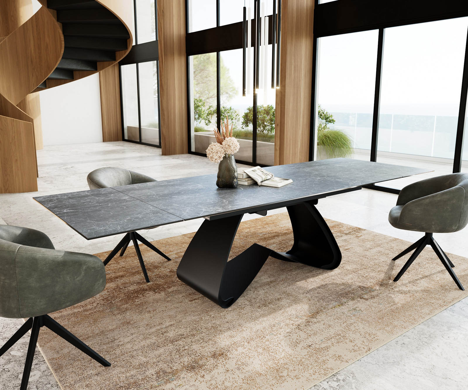 Esszimmertisch Edge Keramik Laminam®Nero Greco Anthrazit 200-300x100 W-Gestell Schwarz ausziehbar
