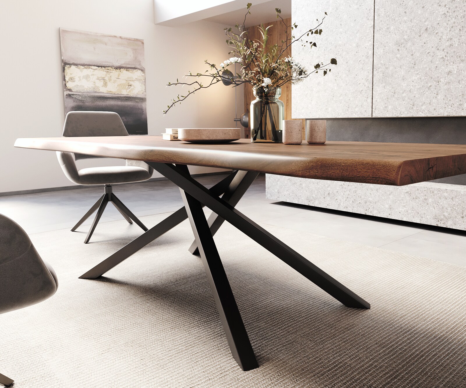 Esstisch Edge 260x100 XL Akazie Braun Kreuzgestell Rechteck Schwarz Live-Edge 4
