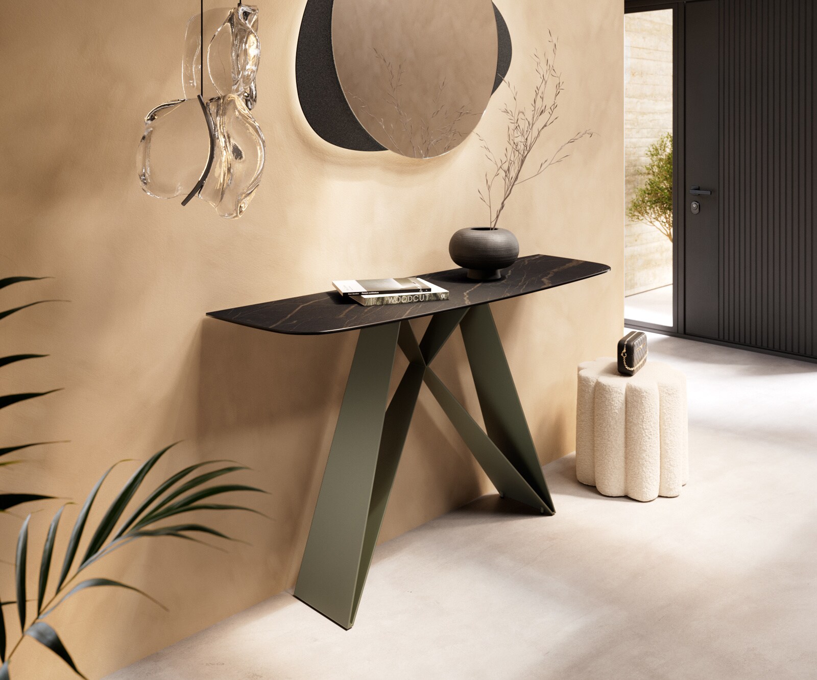 Konsolentisch Edge Boot 140x40 cm Keramik Laminam® Noir Desir Braun Velio Metall Effektfinish Titan 4