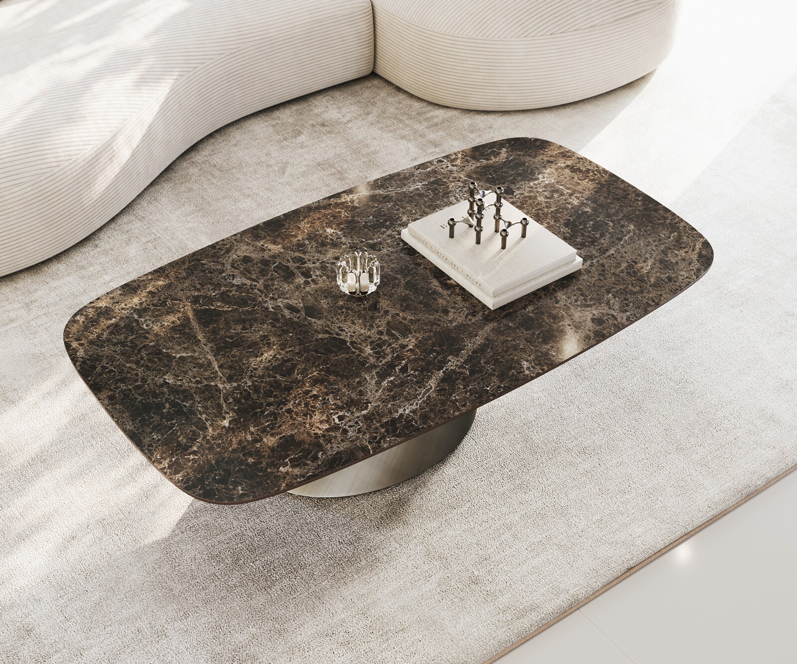 Couchtisch Edge Boot 140x80 cm Keramik Laminam® Emperador Extra Lucidato Dunkelbraun Conis Metallic Silber 3