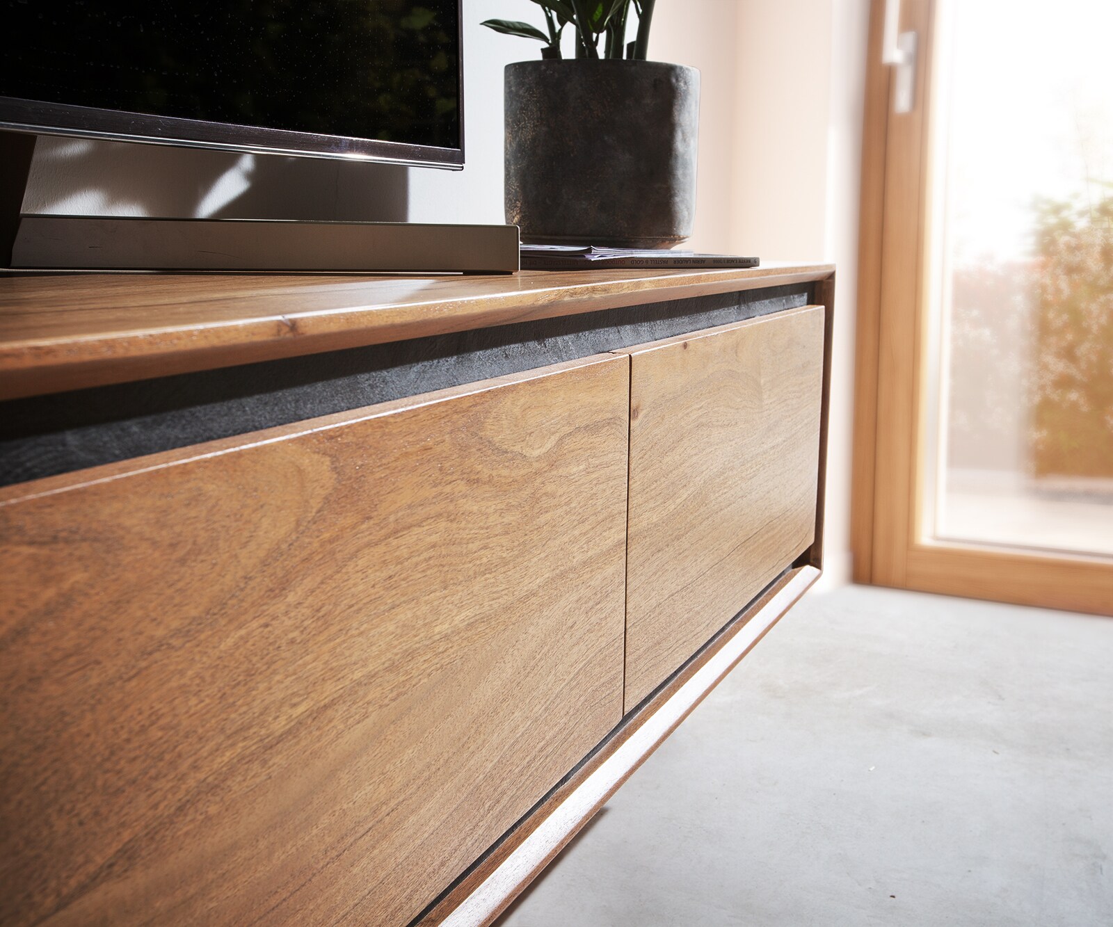 Lowboard Stonegrace 200 cm Akazie Natur 4 Türen Steinfurnier schwebend 3