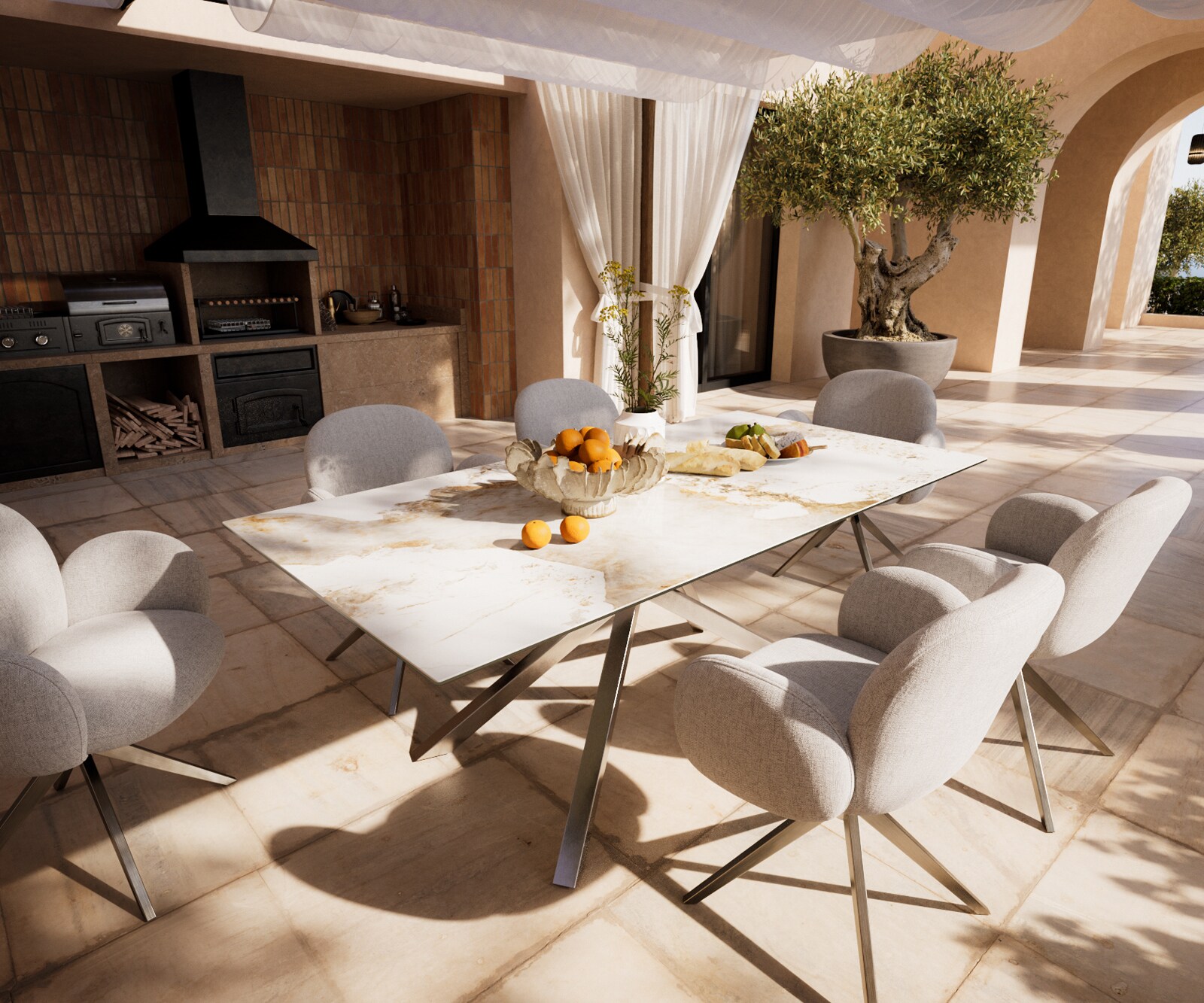 Outdoortisch Edge 200x100 cm Keramik Minas Melange Weiß-Beige Kreuzgestell Rechteck Edelstahl 1