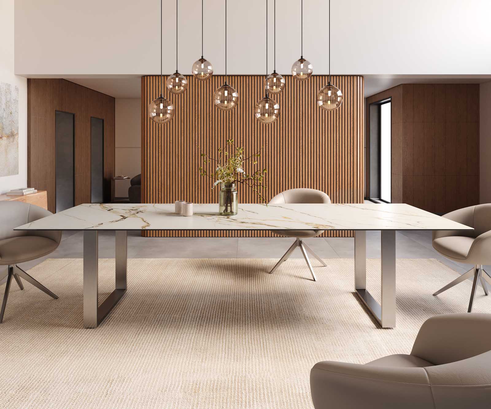 Esstisch Edge 300x100 Keramik Calacatta Luxe Weiß-Gold-Grau Edelstahl Schmal 2