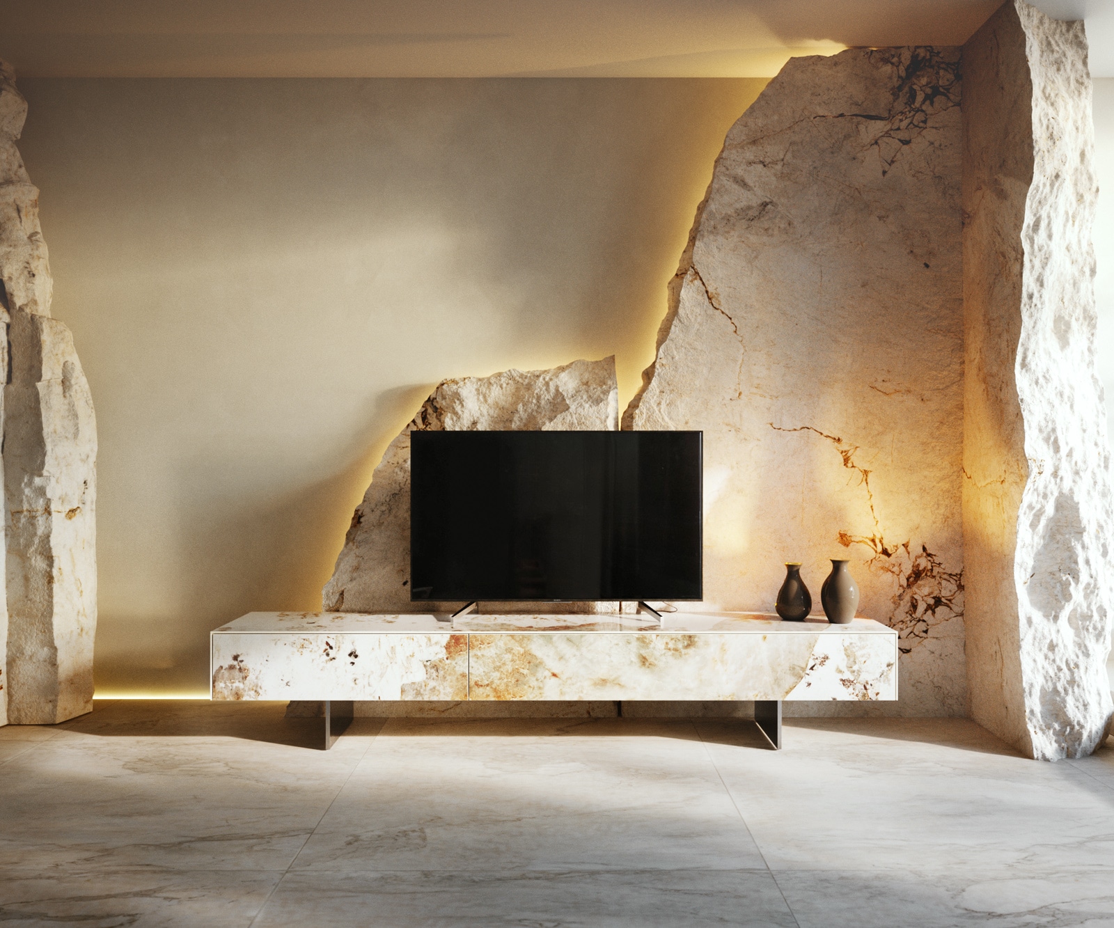 Lowboard Cuor 200 cm Keramik Minas Melange Weiß-Beige 1 Klappe 1 Schubfach Fuß Schwebeoptik Edelstahl Lowboard Cuor 200 cm Keramik Minas Melange Weiß-Beige 1 Klappe 1 Schubfach Fuß Schwebeoptik Edelstahl