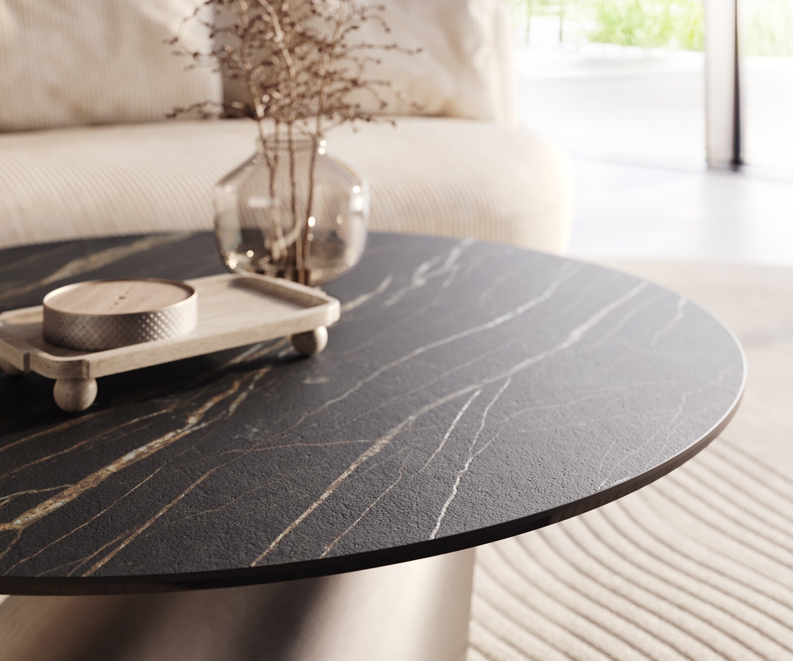 Couchtisch Edge Rund 100x100 cm Keramik Laminam® Noir Desir Braun Conis Edelstahl gebürstet 3