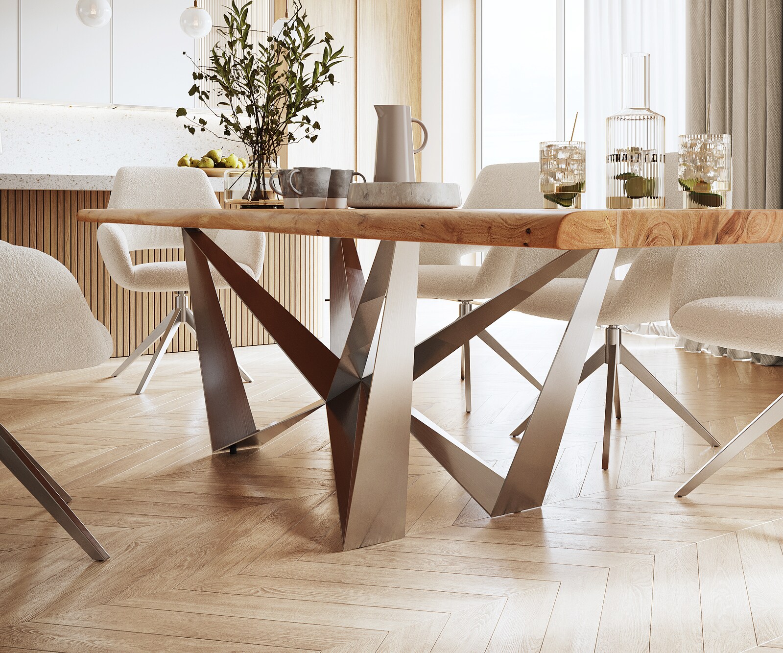 Esstisch Edge 300x100 XL Akazie Natur Spider Flachstahl Edelstahl Live-Edge 4