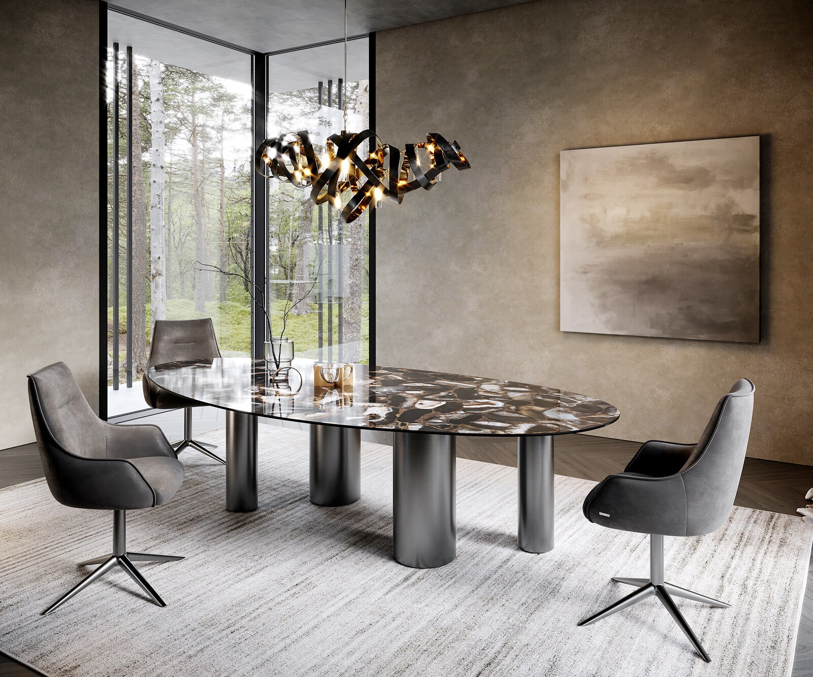 Esstisch Edge Oval 280x130 Keramik Iris FMG Agatablack Pilier Edelstahl Graphit 5