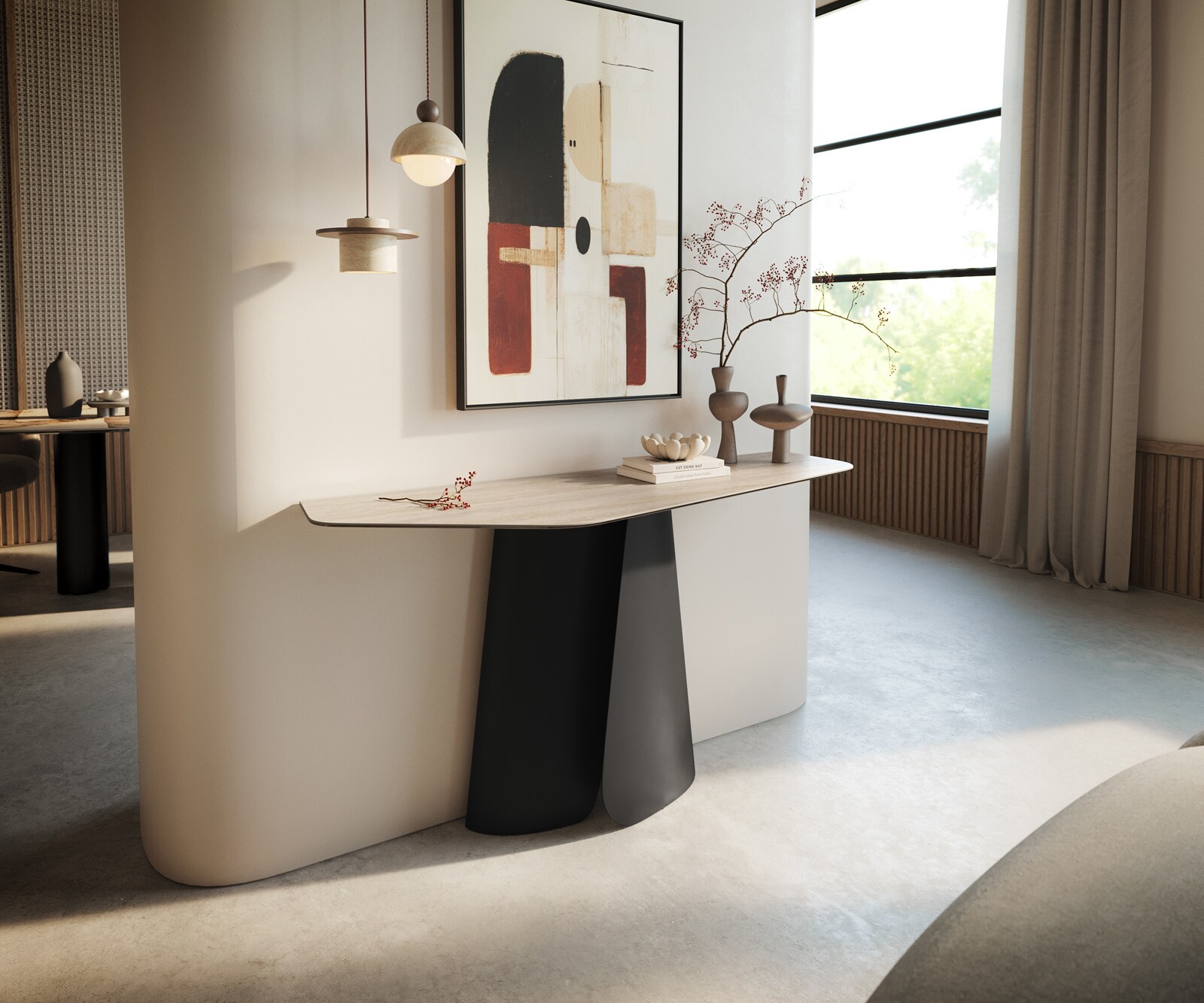 DELIFE Konsolentisch Edge Polygonal 140x50 cm Keramik Laminam Travertino Bianco Creme-Weiß Livos Metall Schwarz, Konsolentische - B140 x T50 x H79 cm