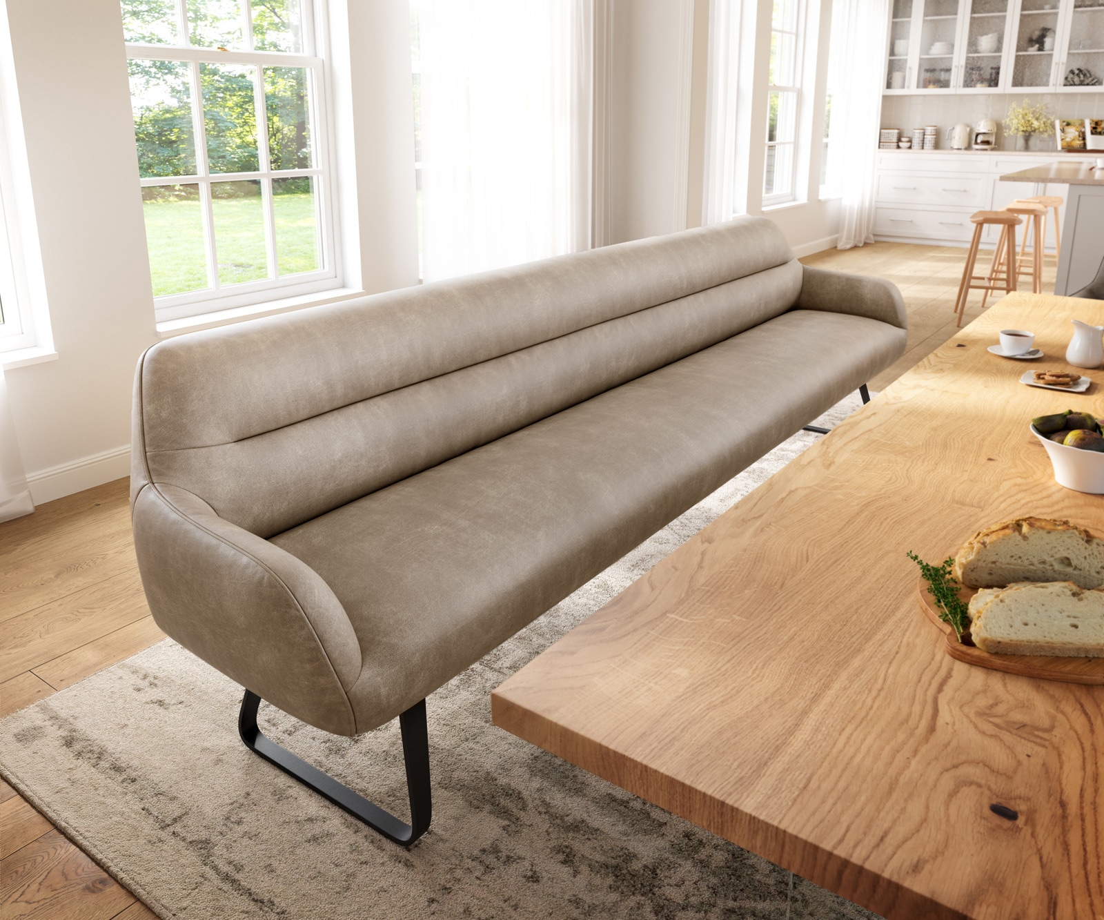 Esszimmerbank Taya-Flex 300 cm Mikrofaser Beige Vintage Kufengestell flach Schwarz Taschenfederkern