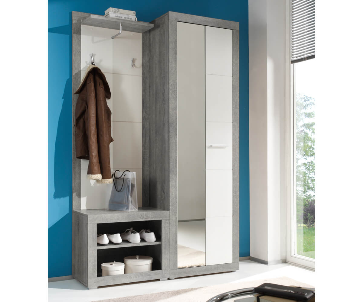 Dielenmöbel Shandor 60x195 Weiss Hochglanz Grau Sitzbank