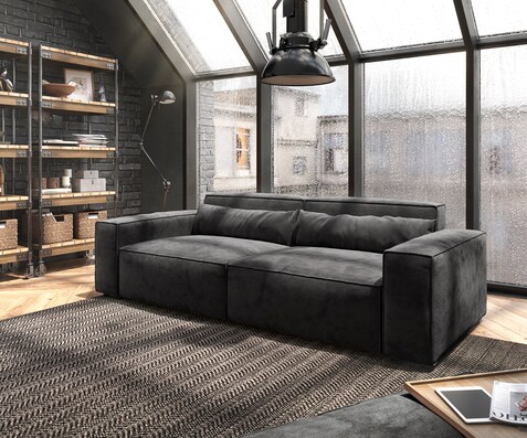 Big-Sofa Sirpio 230x95 cm Mikrofaser Schwarz mit Hocker