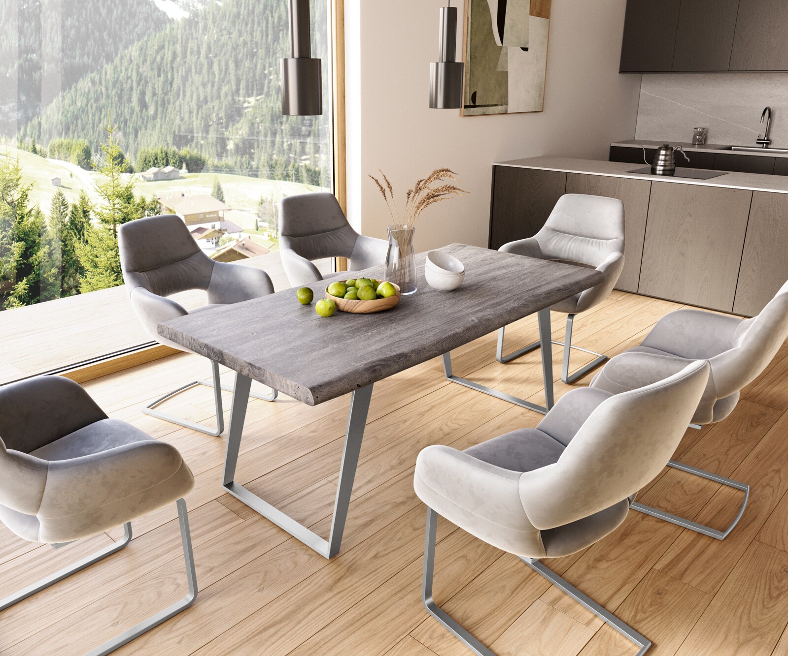 Esstisch Edge 180x90 XL Akazie Platin Edelstahl Schräg Live-Edge 7