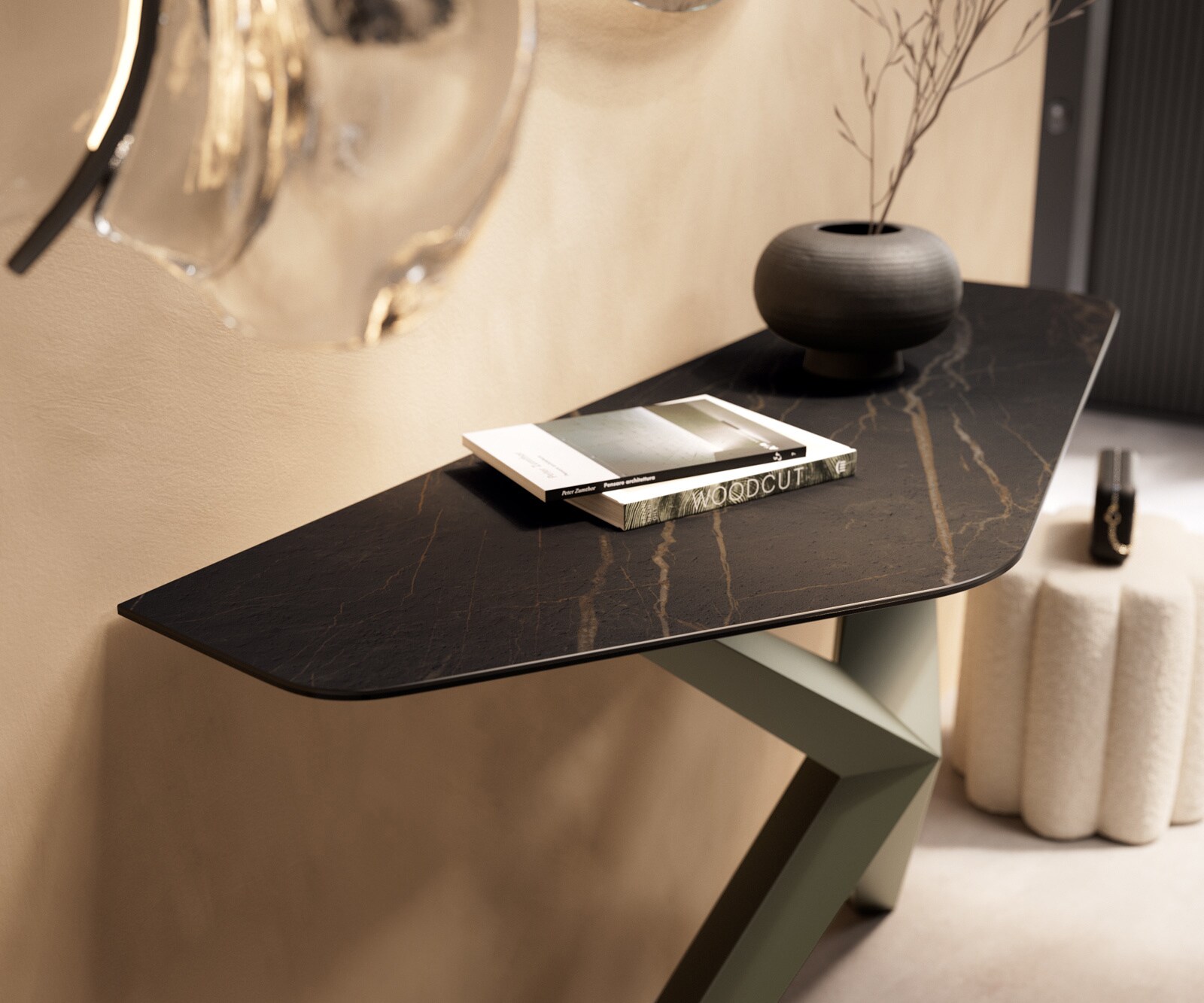 Konsolentisch Edge Polygonal 140x50 cm Keramik Laminam® Noir Desir Braun Zentharo Metall Effektfinish Titan 5