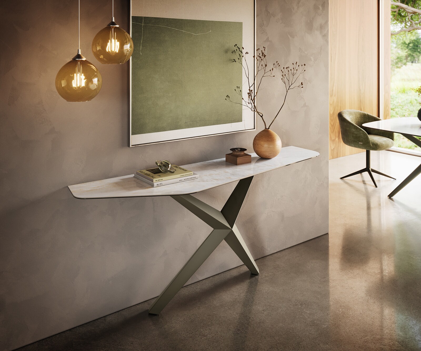 DELIFE Konsolentisch Edge Polygonal 180x50 cm Keramik Onyx Pearl Zentharo Metall Effektfinish Titan, Konsolentische - Grau-Beige B180 x T50 x H79 cm
