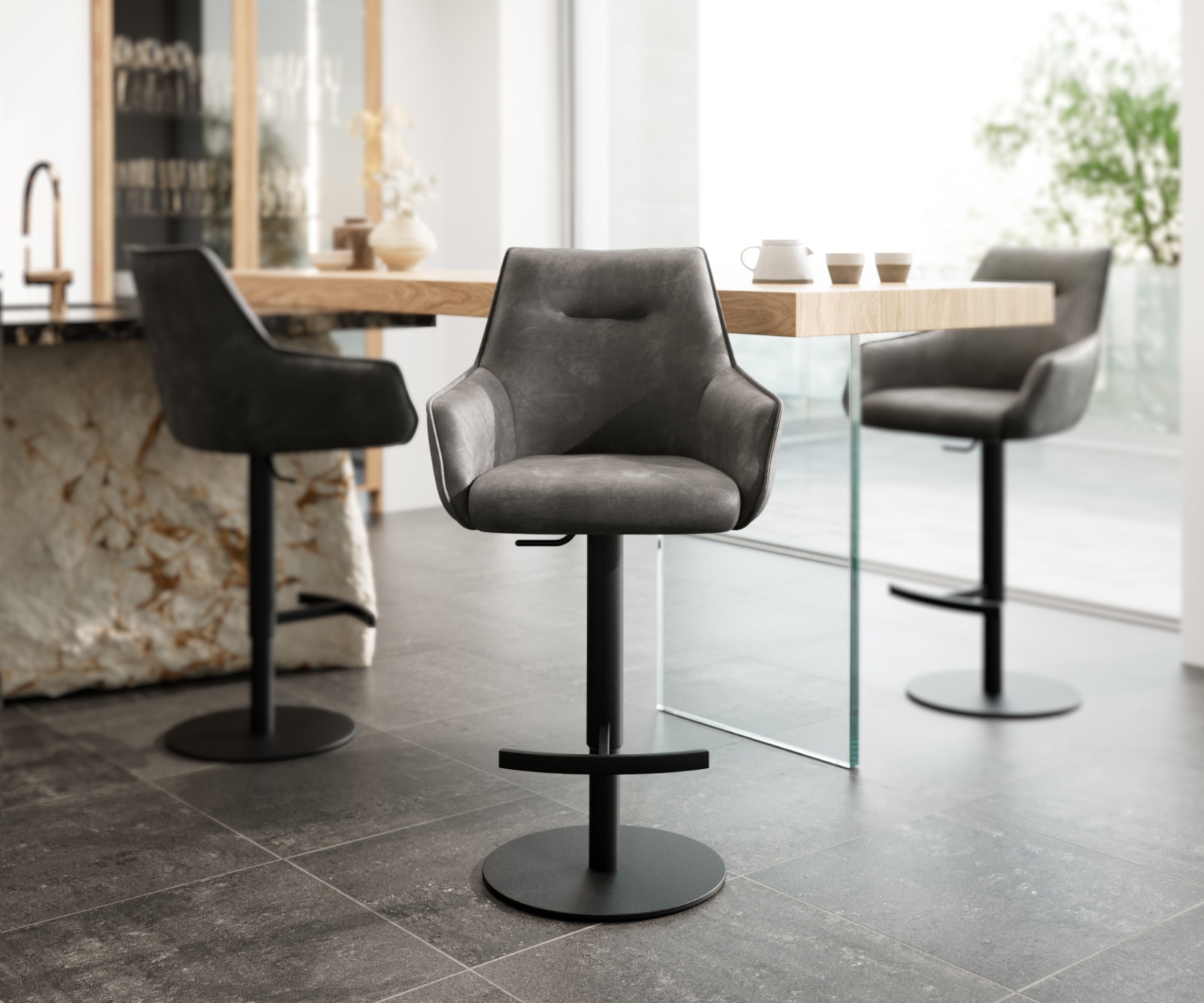 Barstuhl Alja-Flex Mikrofaser Anthrazit Vintage Drehfuß höhenverstellbar Metall Schwarz drehbar Taschenfederkern 3 Barstuhl Alja-Flex Mikrofaser Anthrazit Vintage Drehfuß höhenverstellbar Metall Schwarz drehbar Taschenfederkern 3