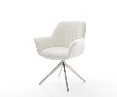 Drehstuhl Keila-Flex mit Armlehnen Bouclé Soft Beige Kreuzgestell breit Edelstahl 360° drehbar Wippfunktion