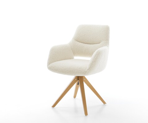 Drehstuhl Yago-Flex mit Armlehnen Teddystoff Beige Holzgestell kantig Natur 360° drehbar Taschenfederkern
