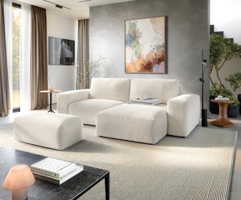 Ecksofa Lanzo 230x155 cm Strukturstoff Soft Beige Recamiere variabel mit Hocker