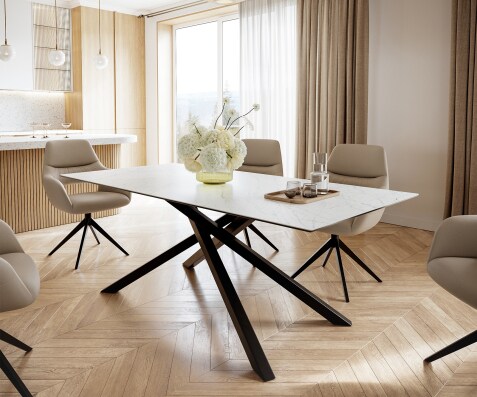 Esstisch Edge 200x100cm Keramik Laminam®Statuarietto Weiß Mittelfuß Kreuz Schwarz