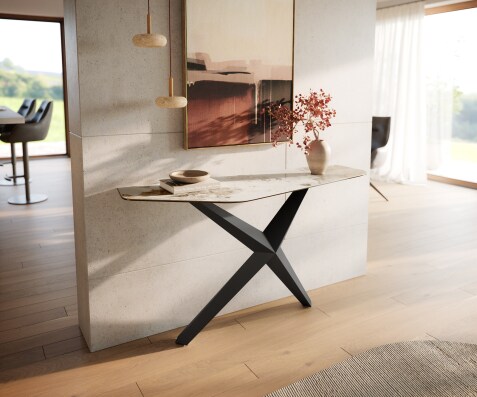 Konsolentisch Edge Polygonal 140x50 cm Keramik Minas Melange Weiß-Beige Zentharo Metall Schwarz