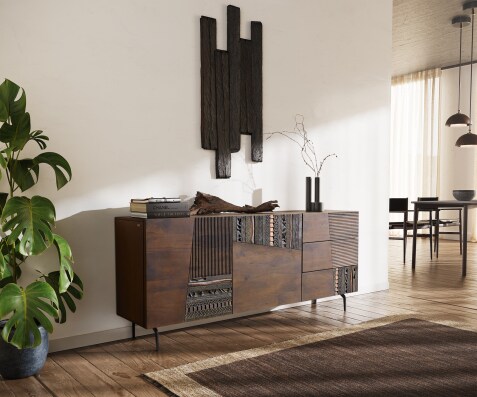 Sideboard Imara 175 cm Mango Braun 2 Türen 3 Schubladen Winkelfuß Metall Schwarz