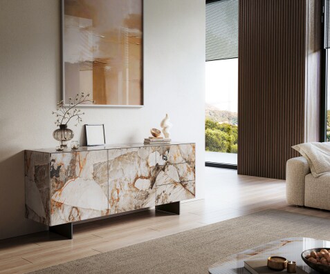 Sideboard Cuor 180 cm Keramik Patagonia Poliert 2 Türen 3 Schubfächer Fuß Schwebeoptik Metall Schwarz