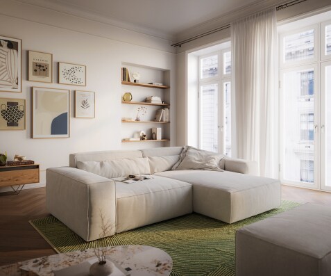 Ecksofa Sirpio XL 270x170 cm Strukturstoff Soft Beige Recamiere variabel mit Hocker