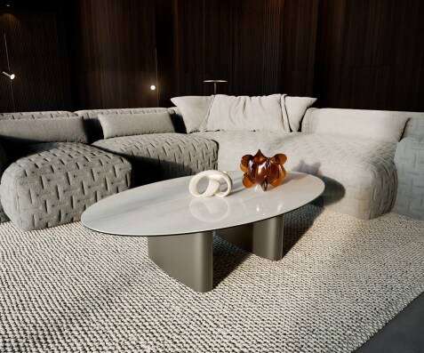 Couchtisch Edge Oval 135x80 cm Keramik Onyx Champagne Ovada Effektfinish Titan