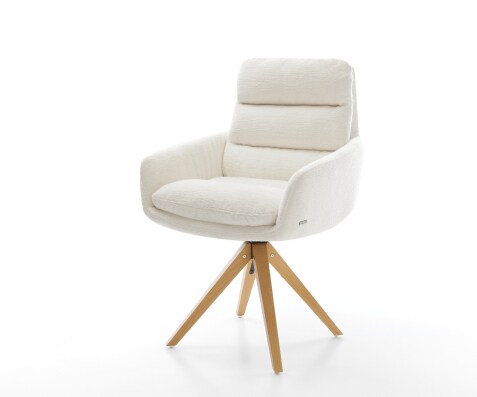 Drehstuhl Abelia-Flex mit Armlehnen Bouclé Soft Beige Holzgestell kantig Natur 360° drehbar